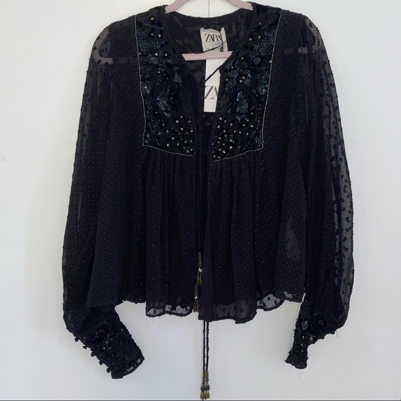 🎈SOLD🎈ZARA Black Jacket / Sweater / Top Velvet Sparkle Beading Sequins - Picture 2 of 8
